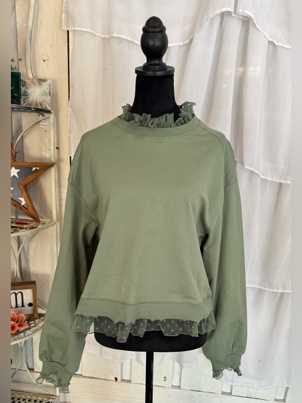 Olive Green lace Ruffle Trim Women's Top - Very J